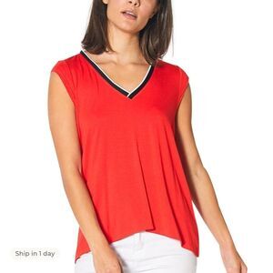 Ro & De Sleeveless V Neck Tank Hi Low Hemline Red Black Cutout Open Back